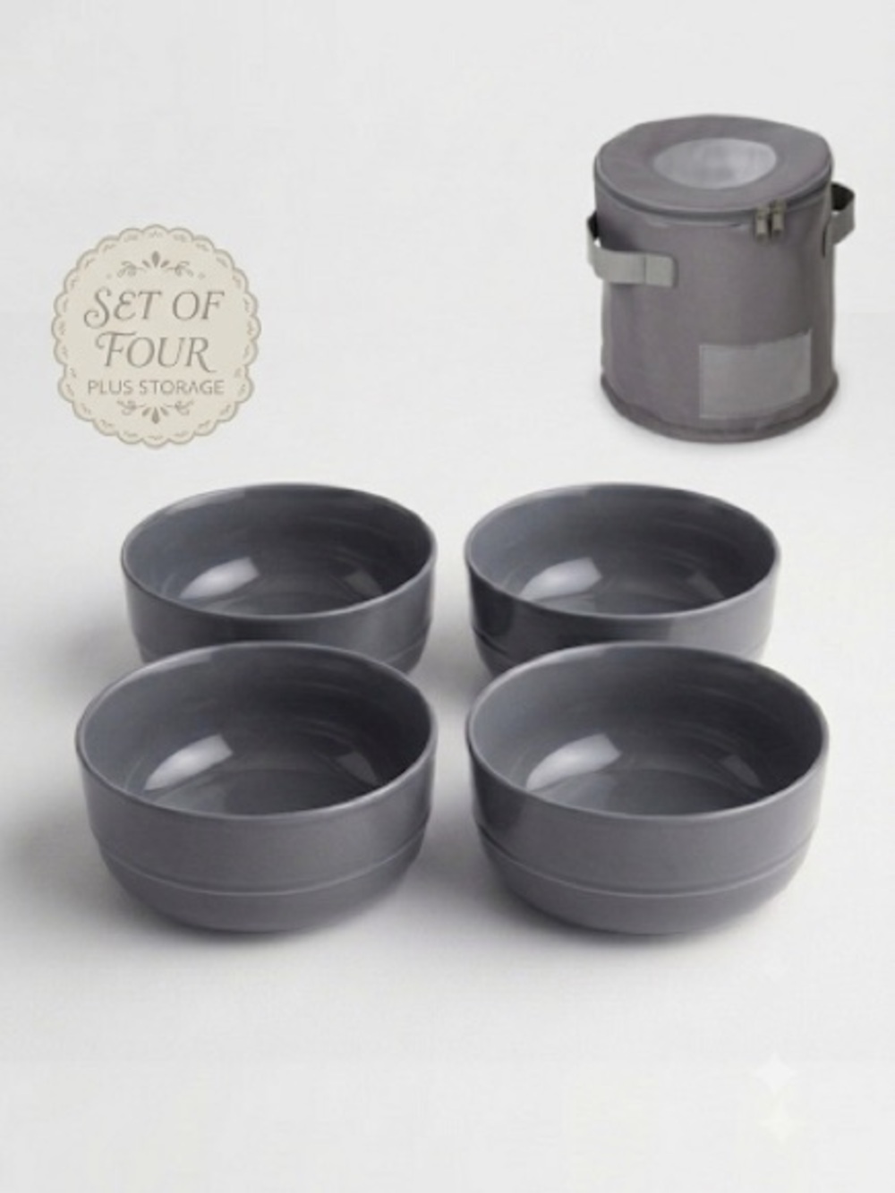 Crate&Barrel Grey Ceramic Bowl, Set of 4 + Honey Can Do Storage